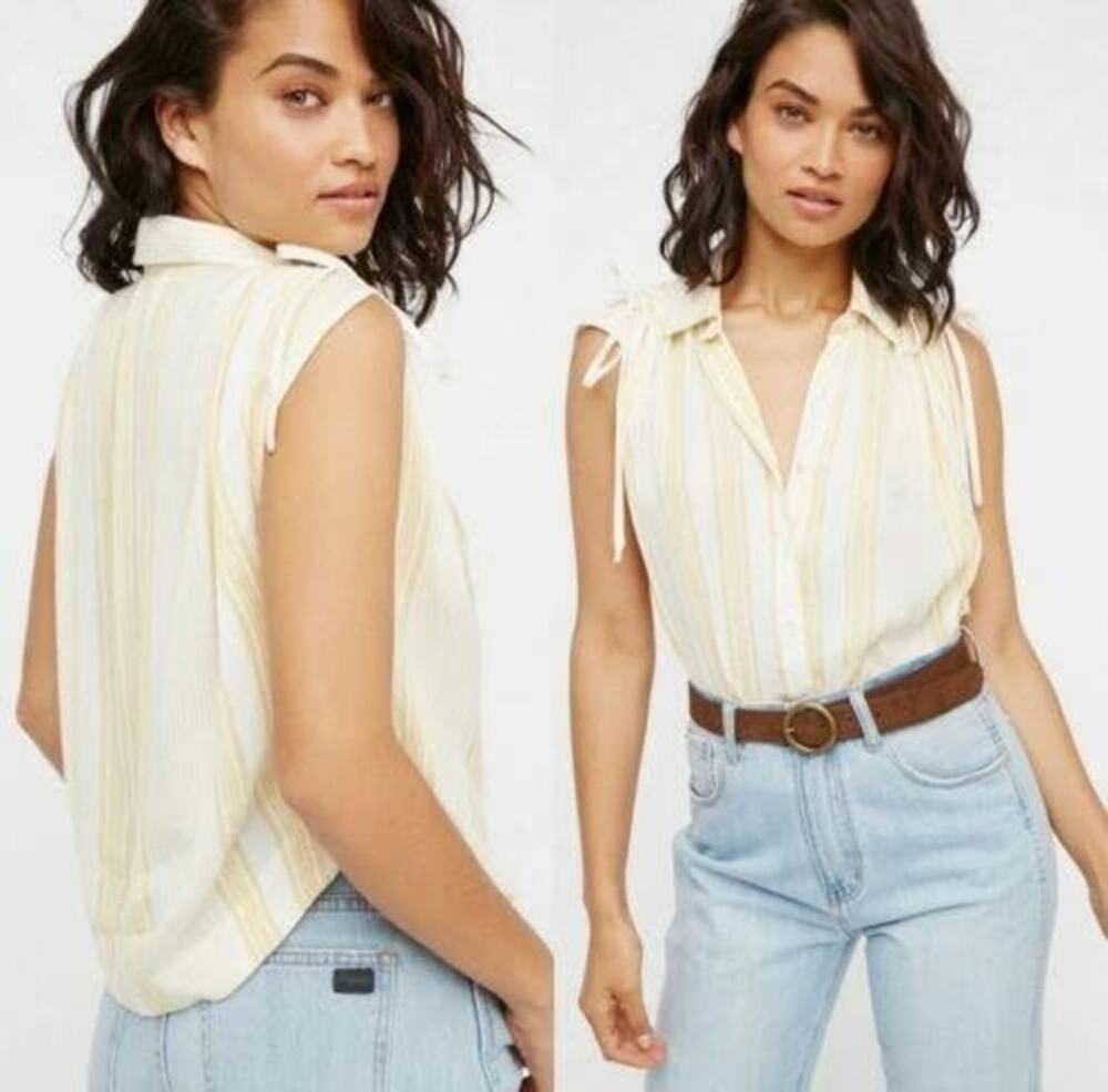 Free People Baby Blues Striped Button Down Lightweight Flowing Ribbon Blouse